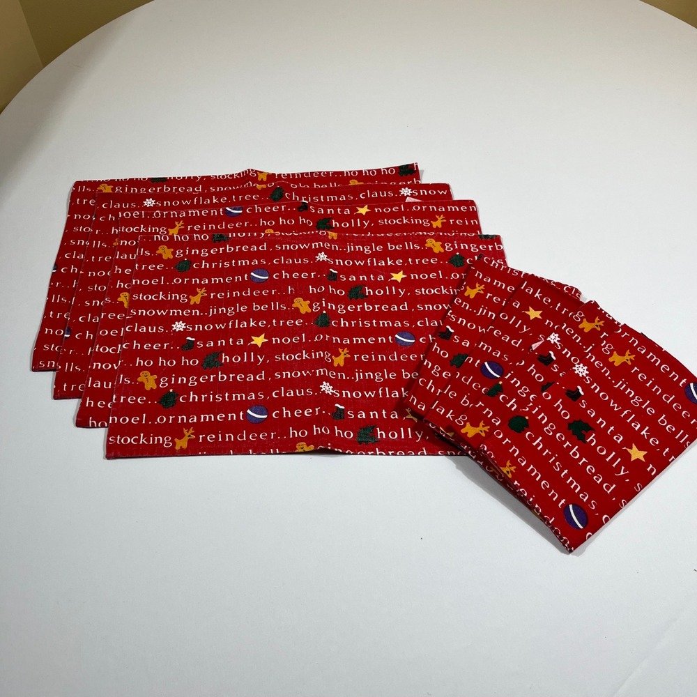 Holiday Placemats & Napkins Set of 8 Christmas Red Cotton Vintage